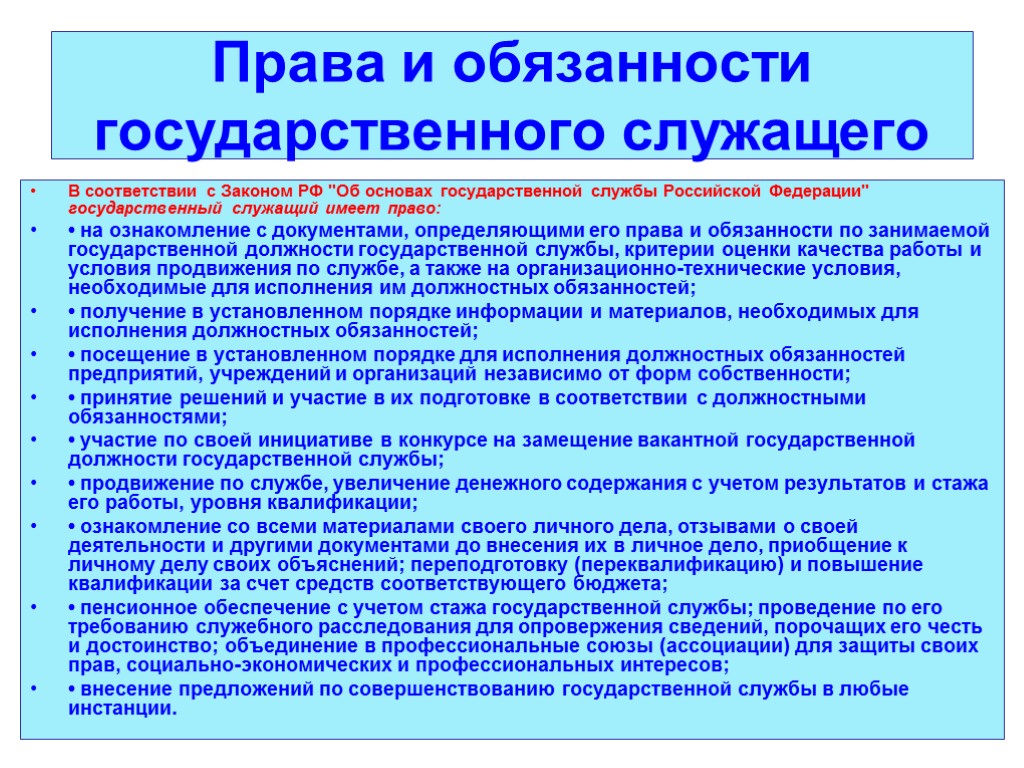 Права и обязанности государственного служащего В соответствии с Законом РФ 